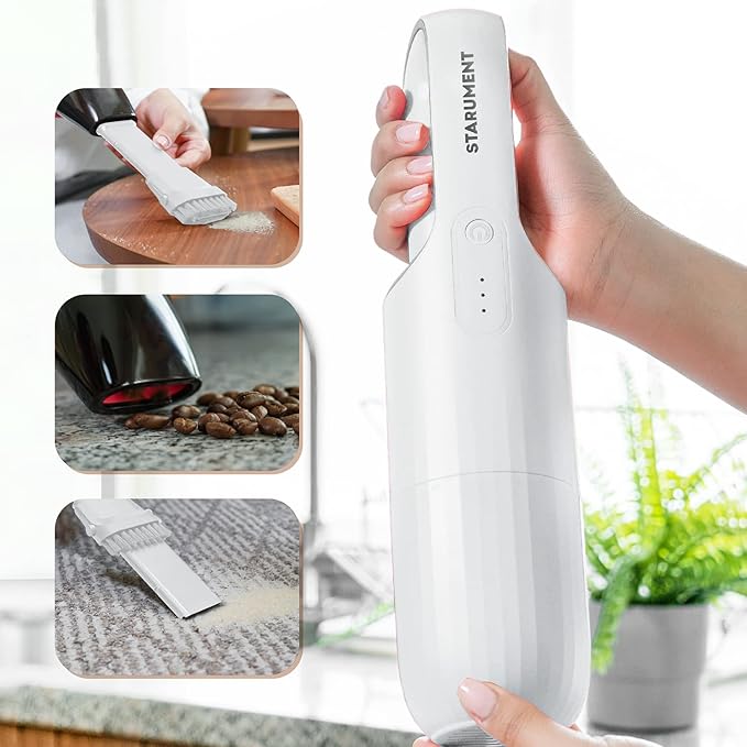 Starument Handheld Vacuum Cleaner - Cordless Vacuum Cleaner for Cleaning Dust, Dirt, Pet Hair Suction - Compact, Rechargeable & Wireless Device for Home, Office, Car - USB-C Cable (White)