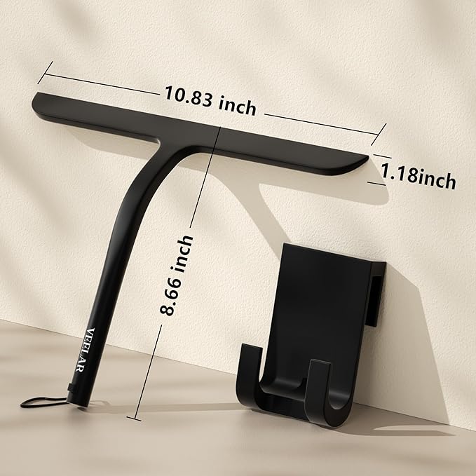Shower Squeegee for Shower Glass, Bathroom Glass Cleaning Tool with Hook Mount, Squeegee for Glass Doors, Window Cleaning, Tile Shower Walls (Black)