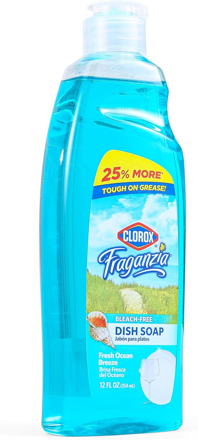 CLOROX Fraganzia Liquid Dish Soap | Smells Great and Cuts Through Tough Grease Fast | Quick Rinsing formula Washes Away Dirt | A Powerful Clean You Can Trust, Fresh Ocean Breeze Scent, 12 Ounces