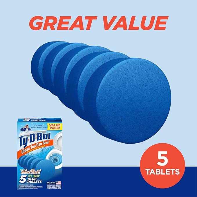 Ty-D-Bol Blue Tablets Value 5 Pack, Cleans and Deodorizer Toilets for a Fresh Smelling Bathroom