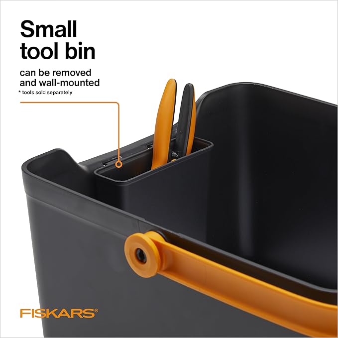 Fiskars Garden Tool Caddy, Portable Storage Organizer with Removable Bin for Snips & Pruners, Durable Recycled Resin Carrier for Indoor & Outdoor Gardening, Locking Handle & Wall Mount