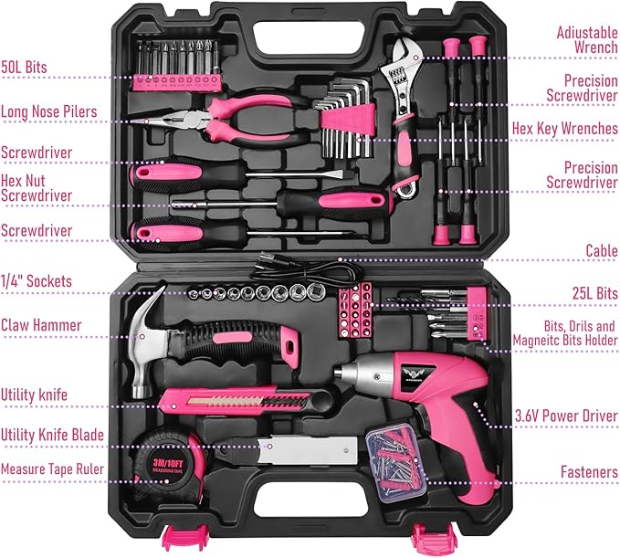 Pink 151PCS Tool Kit with 3.6V USB Electric Screwdriver, Cordless Drill Set, Home Tool Set for Women