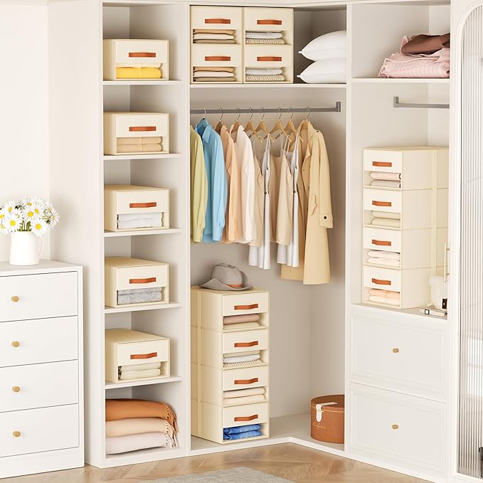 DIMJ Closet Organizers and Storage - Fabric Bins with Drawers for Closet Foldable Clothes Organizers with Clear Window, Stackable Storage Drawers Units for Bedroom, Living Room, Medium 6-Pack, Beige