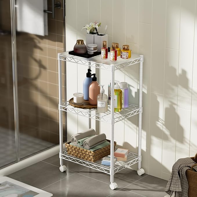 Golpart Small 3 Tier Shelves Storage Wire Shelving Unit Metal Shelf Adjustable Organizers Storage Shelving with Wheels for Bathroom Laundry Room Kitchen Pantry12”D x 18”W x 30.7”H White