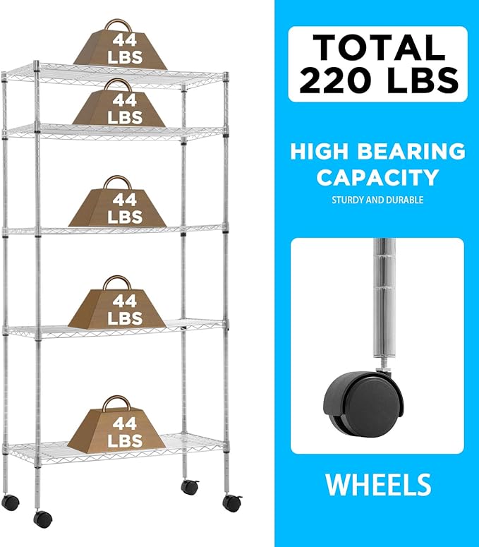 30" L×14" W×60" H Wire Shelving Unit Commercial Metal Shelf with 5 Tier Casters Adjustable Layer Rack Strong Steel for Restaurant Garage Pantry Kitchen Garage，Chrome