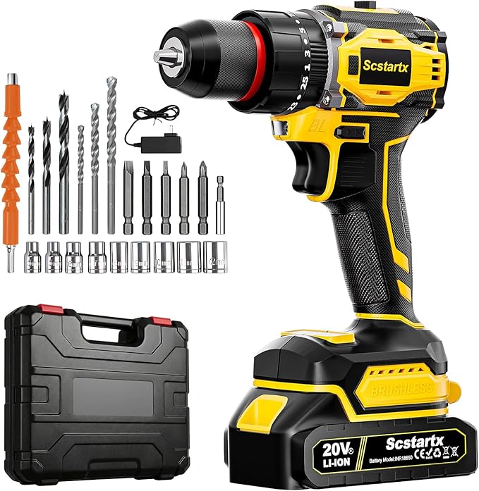 20V Cordless Brushless Drill Driver (3/8") - 24-Piece Compact Kit, 70Nm High Torque, 2.0Ah Li-Ion Battery for Home DIY & Apartment Repairs, Furniture Assembly
