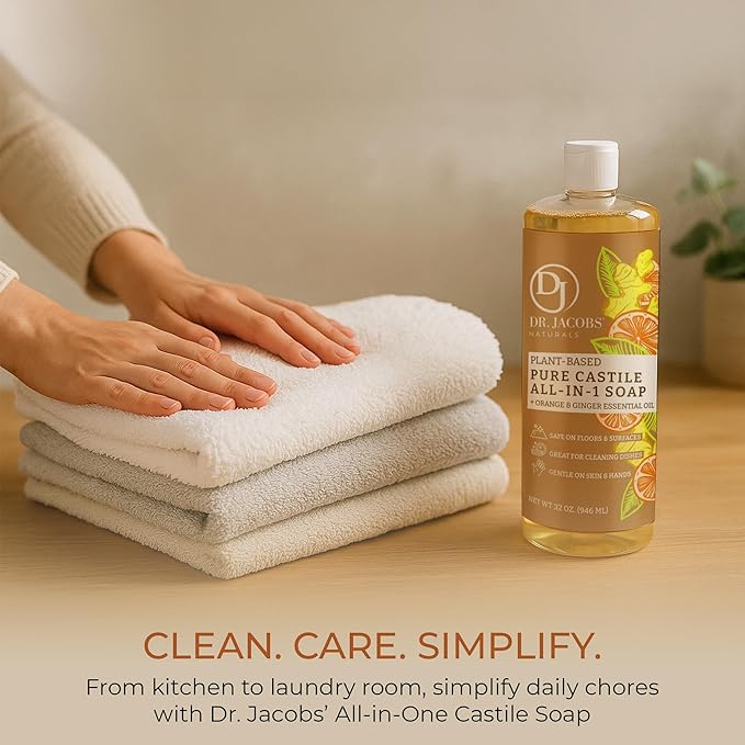 Dr. Jacobs Naturals Orange & Ginger Castile All-in-One Cleaner and Soap - Plant-Based Formula for House Cleaning Floors and Appliances - Gentle on Skin and the Planet - 32 oz, 2 Pack