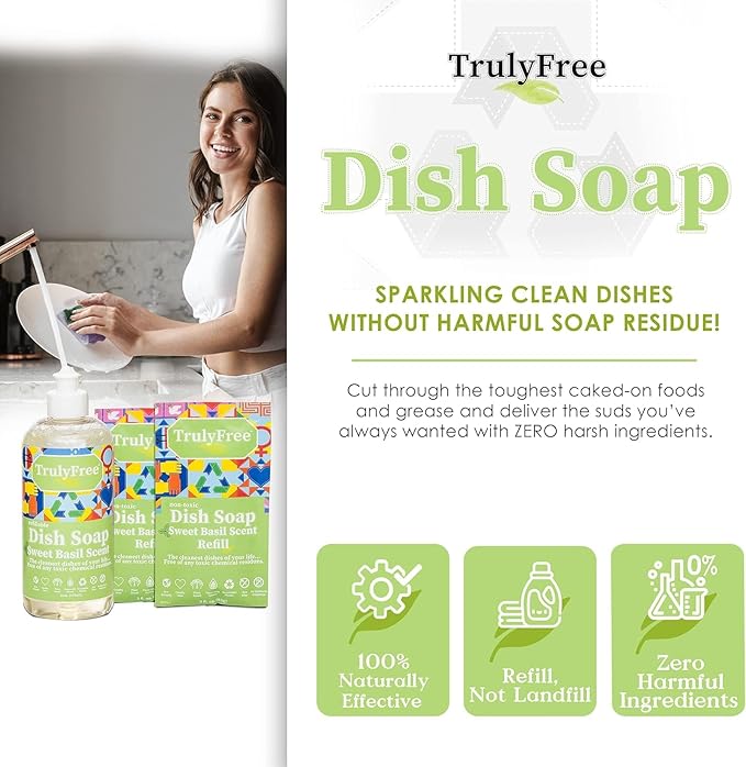 Truly Free Non Toxic Dish Soap | Natural Concentrated Dishwashing Liquid - Sweet Basil Scent | Non Toxic Organic Plant-Based Dish Soap | Family Safe - Eco-Friendly Formula | 16 fl oz