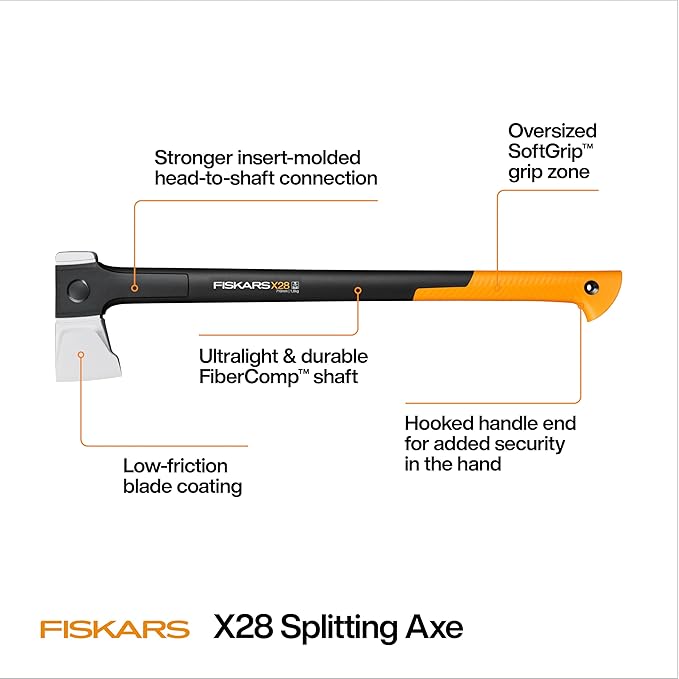 Fiskars X28 Splitting Axe 28", Forged Steel Blade for More One-Strike Splits on Medium Logs, Shock-Absorbing FiberComp Handle & Low-Friction Coating for Easy Removal & Rust Protection