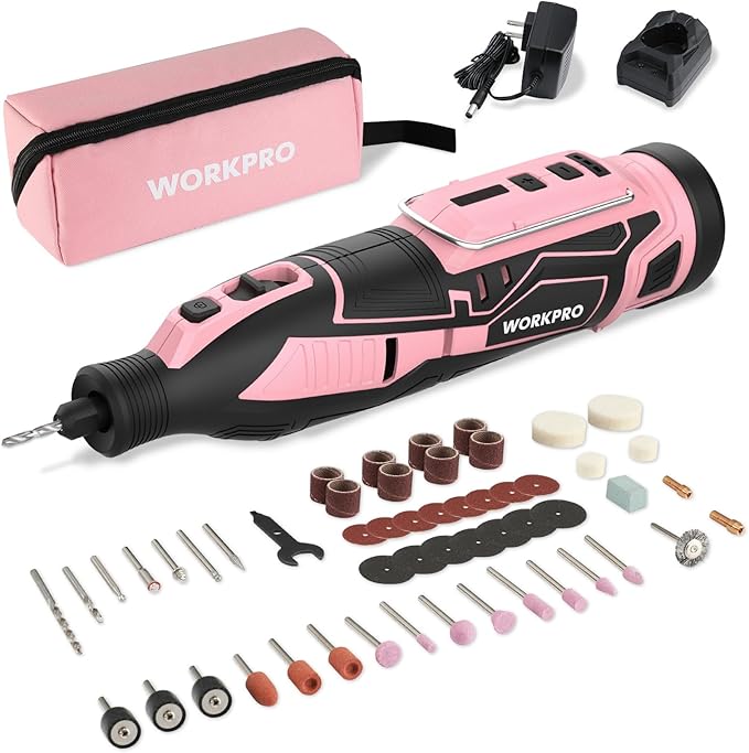 WORKPRO Pink 12V Cordless Rotary Tool Kit, 5 Variable Speeds, Powerful Engraver, Sander, Polisher, 114 Easy Change Accessories, Craft Tool for Handmade and DIY - Pink Ribbon