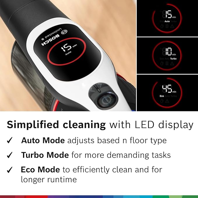 Bosch Unlimited 9 Cordless Stick Vacuum, 60-min Runtime, MicroClean Technology, >99.9% Dust Pickup, Dust Compression, HEPA Filter, Pet Hair, Carpets & Hard Floors, 3 Accessories, White