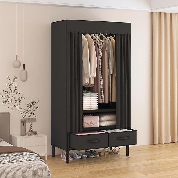 Portable Closet,Garment Rack,Heavy Duty Clothes Rack with Cover,Wardrobe Closet with 1 Hanging Rods, 2 Storage Shelves and 2 Drawers,27.5" L x 17.7" W x 67.7" H,Black