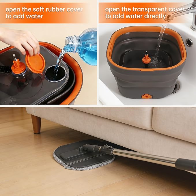Collapsible Mop and Bucket Set, Spin Mop with Separate Dirty and Clean Water, 6 Replaceable Mopping Pads with Foldable Handle, Deep Cleaning Mops and Buckets for Household Use Floor Cleaning