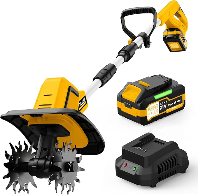 21V Cordless Tiller Cultivator, 400RPM Electric Rototiller with 48 Steel Tines, 4.0Ah Battery Powered Garden Tiller with 8-inch Width and 6-inch Depth, Tiller for Gardening and Soil - Yellow