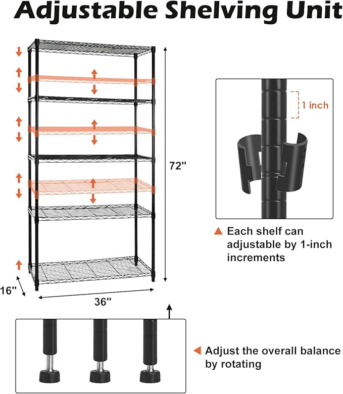 WDT 5 Tier Shelf Shelving Unit with Wheels,Adjustable Metal Shelves for Storage, NSF Wire Shelving Rack,350lbs Loading Capacity Per Shelf Storage Shelves for Kitchen Garage, 36" D x 16" W x 75" H