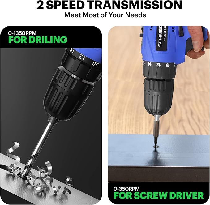 Schneider 21V Tool Set with Drill, 350 in-lb Torque, 0-1350RMP Variable Speed, 10MM 3/8'' Keyless Chuck, 18+1 Clutch, 1.5Ah Li-Ion Battery & Charger for Home Tool Kit