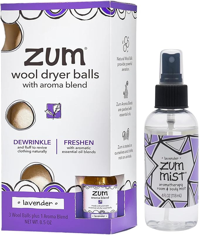 Zum Wool Dryer Balls Kit Plus Zum Mist - 3 Wool Balls with Essential Oil Blend & Room & Body Mist - Lavender