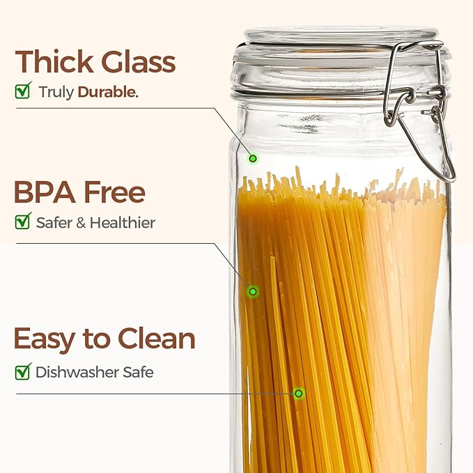 ComSaf 3-Pack 68oz 13-Inch Tall Glass Pasta Containers for Spaghetti & Long Pasta, Slender Airtight Canisters for Vertical Pantry Organization, Food Storage Jars for Linguine & Breadsticks