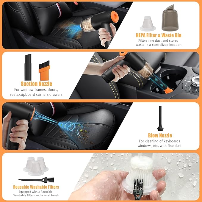 Handheld Car Vacuum Cleaner Cordless, 9000Pa Vacuum and Air Duster, Mini Car Vacuum Portable Cordless with 6000mAh Battery, 3 Filters, Storage Bag - Ideal for Home, Office