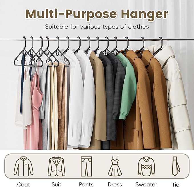 Black Plastic Hangers 36 Pack, Heavy Duty Clothes Hangers with Center Hook & Non-Slip Pants Bar for Standard Size Shirts, Pants, Coat, Dresses, Jackets, Scarves and Belts