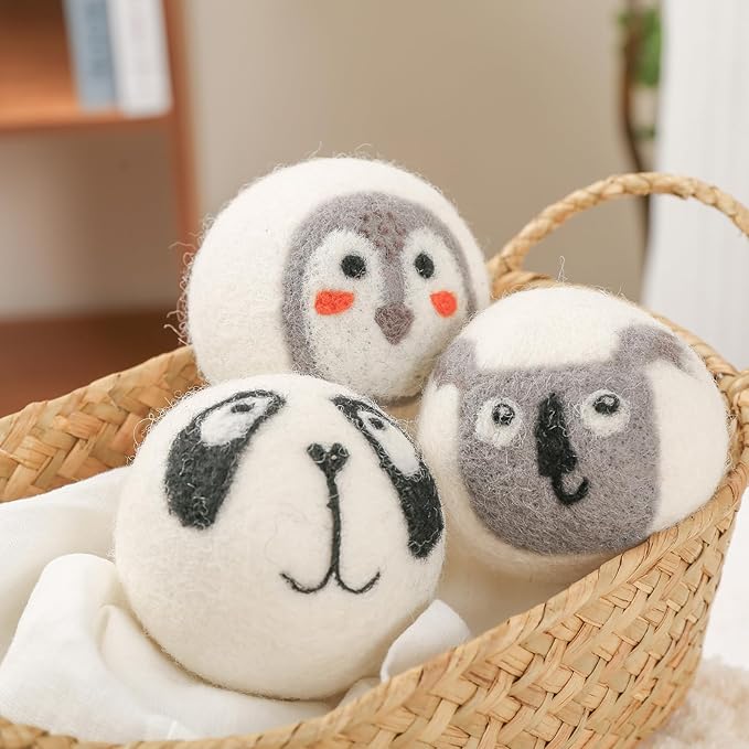 Wool Dryer Balls 3 Pack XL, Natural Fabric Softener New Zealand Wool，Handmade Organic Laundry Dryer Balls, Reusable 1000 Loads,Wrinkles Free, Shorten Drying Time（3 Pack,Animal Pattern）