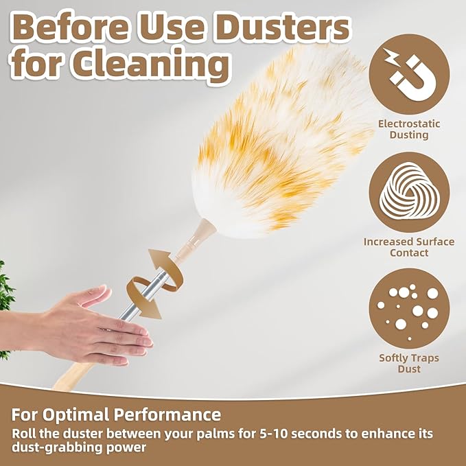 LOVECO Feather Duster for Cleaning, Extendable Lambswool Duster 29-49 Inch for Cleaning Fans, Ceiling, Includes: Sticky Hooks×2, Small Duster×1, Electrostatic Dusters Suitable for Office, Home, Car