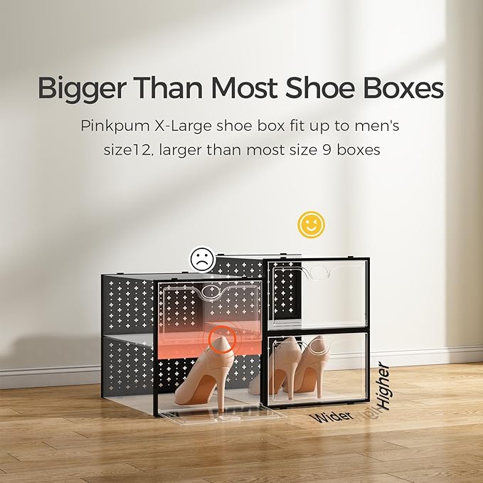 Pinkpum 18 Pack X-Large Shoe Storage Boxes Fit Size 12, Shoe Organizer for Closet Clear Plastic Stackable Shoe Dispaly Case Holder Bins, Sneaker Storage for Sneakerheads Black