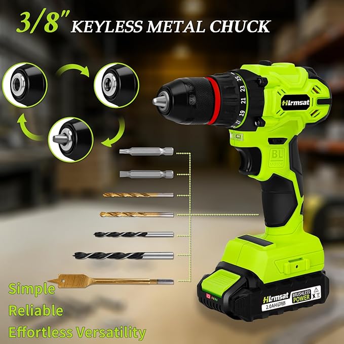 Brushless Drill Tool Set,20V Cordless Drill Tool Box with 2.0Ah Battery,50N.m & 24+1 Gear 3/8" Keyless Metal Self-locking Chuck Handheld Tool Drills Kit,Taladro Inalámbrico for Home Repair Set