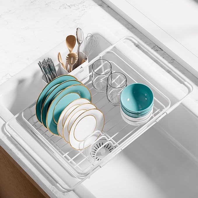 Sakugi Extendable Dish Drying Rack Over Sink with Dish Drainer, Sink Organization and Storage Essentials with Silverware & Utensil Holder, Home and Apartment Decor, 12" W x 16.1~23" L, White