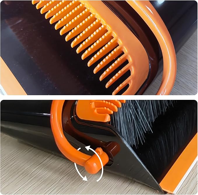 Broom and Dustpan Set (53" L) Adjustable Length Stainless Steel Broomstick Standing Dustpan and Broom for Office Home Kitchen Lobby Floor (Orange and Black)