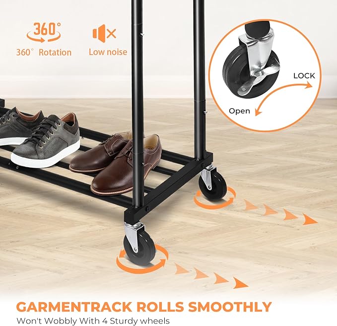 Fishat Stand Portable Black Double Rods Garment Clothes Rack with Rolling and Lockable Wheels Mobile, 48" W x 15" D x 67" H, Metal Simple Hanging Clothes with 2 Hook