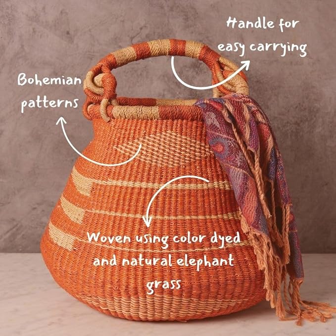 Home & Kitchen Decor, Wicker Basket, Picnic Basket, Living Room Basket, Organizing, Harvesting, Foraging, Fruit Storage, Hand Woven, Pot Shape, 16" Wide, Boho - Orange