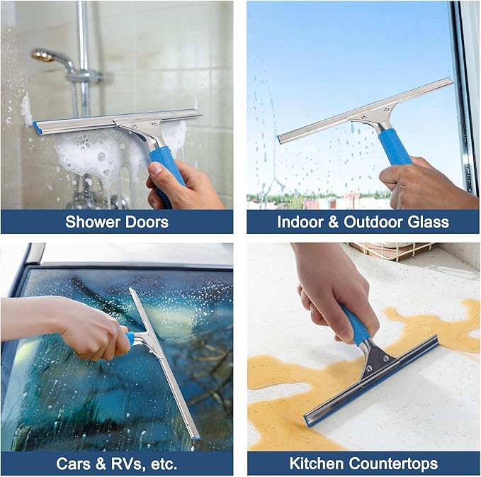 Professional Squeegee for Window Cleaning, 18” Stainless Steel Window Squeegee for Shower Glass Door, Includes 12” Replacement Rubber Blades