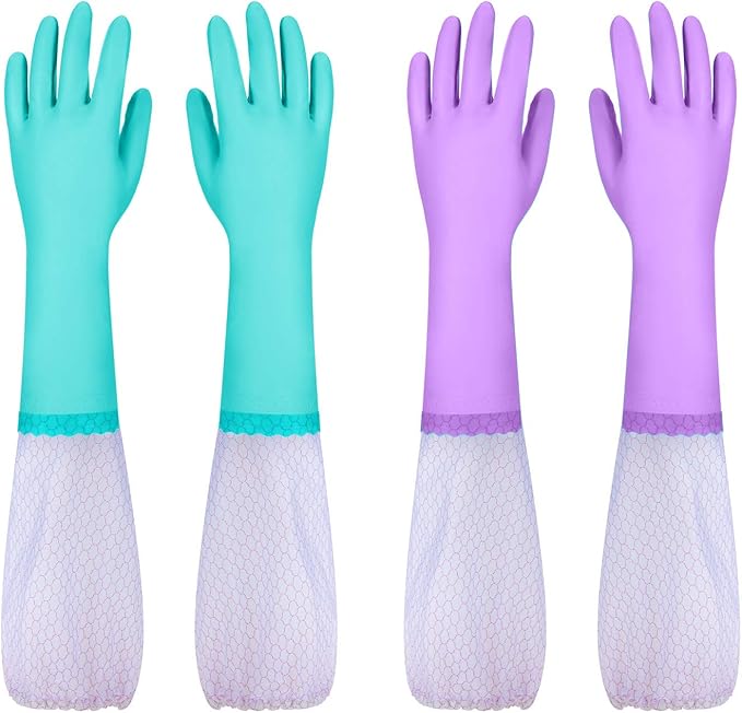 Elgood Reusable Long Sleeve Dishwashing Cleaning Gloves with Latex Free,Cotton Lining,Kitchen Gloves 2 Pairs,Purple+Blue M