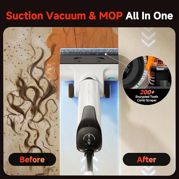 uwant Wet Dry Vacuum Cleaner 180°Lay-Flat Push-in Vacuum Mop All in One with 18000Pa Suction Auto Self-Cleaning Anti Odor Stick Dual-Edge Vacuum Cleaner Set of 1 for Hard Floor/Carpet D100