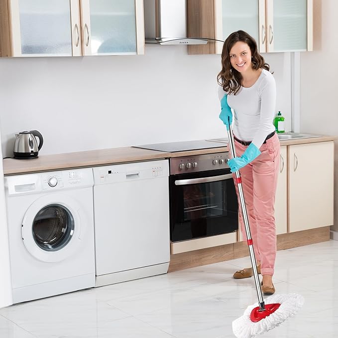 Spin Mop Replacement Head Mop Replace Head Compatible with O Cedar EasyWring Spin Mop - 4 O-Ceda Mop Refills、30-58in Mop Handle and 1 Mop Base Combo Set, 2white
