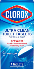 Clorox Ultra Clean Toilet Tablets Bleach & Blue, Rain Clean Scent, 2.47 Ounces Each, 4 Count (Package May Vary)