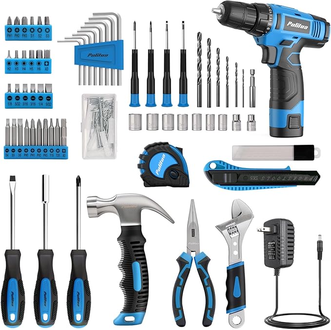 PULITUO Tool Set, 148-Piece Home Drill Set with 12V Blue Cordless Drill, Hand tool Kits, and Box, Suitable for Men, Women, and DIY Enthusiasts for Home Improvement.