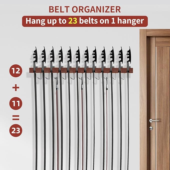 Cuipingoo Belt Hanger for Closet Max 42 Belts, 2-in-1 Wall Mount Belt Organizer with 360° Rotating Hooks, Wooden Tie and Belt Rack for Closet Accessories Organizers and Storage, Walnut Wood