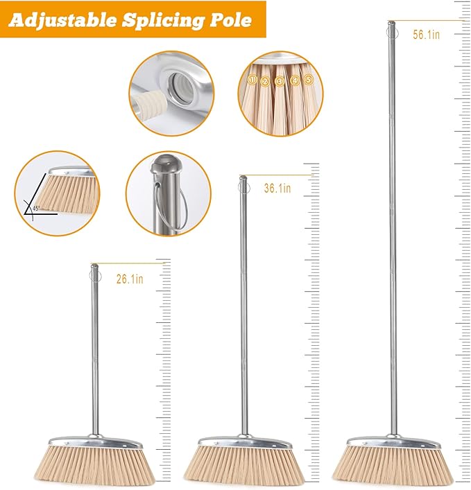 Broom and Dustpan Set with Long Handle, Heavy Duty Broom with Dustpan Combo Set, Windproof Upright Stainless Steel Dust Pan with Kitchen Brooms for Home Office Lobby Indoor Outdoor Use, Khaki
