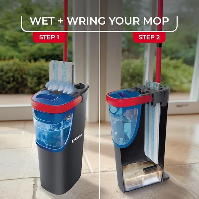O-Cedar H2prO Flat Mop System with 1 Mop Head Refill | Quick Cleaning Tool | Clean with Clean Water | Machine Washable Reusable Microfiber Mop Pad | Safe on Wood Floors, Vinyl, Tile, Baseboards, Walls