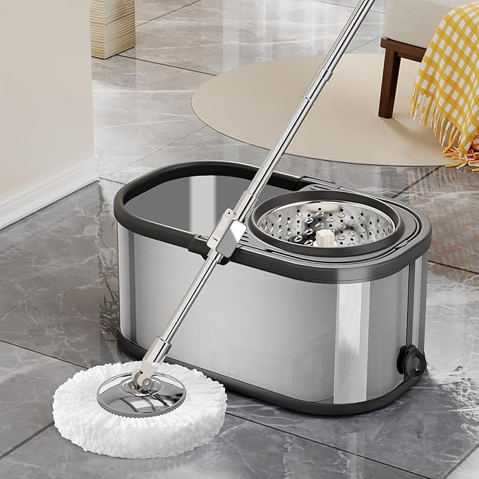 Spin Mop and Bucket with Wringer Set for Home,360° Mop and Bucket with Separate Clean and Dirty Water,Wet Dust Mop for Floor Cleaning with Extra Refills (Silver)