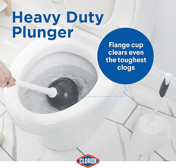 Clorox Toilet Plunger and Bowl Brush Combo Set with Caddy, 6.75" x 7" x 19.5", White/Gray, Pack of 2 - Plunger and Toilet Bowl Brush, Heavy Duty Plunger, Toilet Cleaning Brush, Freestanding Caddy