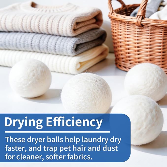 Wool Dryer Balls, New Zealand Dryer Balls Laundry Reusable Reduce Static Cling, Dryer Ball to Reduce Wrinkles & Shorten Drying Time, Drying Balls for Laundry(Pack of 6) (White)