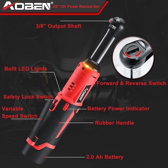 AOBEN 3/8" 40 Ft-lbs Cordless Electric Ratchet Wrench Kit with Variable Speed, Lithium Batteries