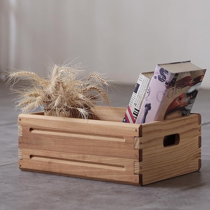 2 Pack Wooden Storage Bins of 16"x12"x6.25".Durable Open Solid Wood Box w/ Handles.Farmhouse Container Shelf Baskets. Multipurpose Home Décor Organizer Crates for Display,Pantry,Book,CD