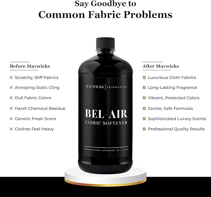 Mavwicks Fragrances - Luxury Scented Liquid Fabric Softener (Bel-Aire) 32 Oz – Crafted with Clean Ingredients – Reduces Static, and Softens Clothes – Safe for All Fabrics and Skin