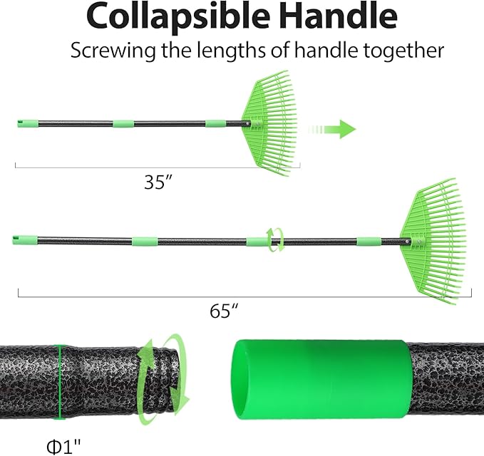 Plastic Rake for Leaves, 23 Tines 16" Wide Plastic Lawn Gravel Shrub Leaf Rake for Leaves and Grass, Thatch Garden Rakes for Yard Heavy Duty Long Handle 35-65"