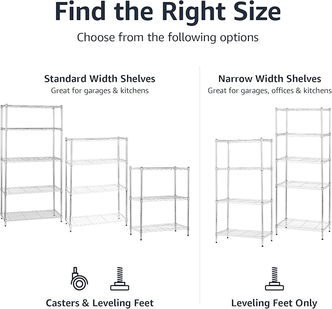 Amazon Basics 4-Shelf Adjustable Storage Shelving Unit for Garage, Steel Wire Rack, 200 Pound Loading Capacity per Shelf, 13.4"D x 23.2"W x 48"H, Chrome