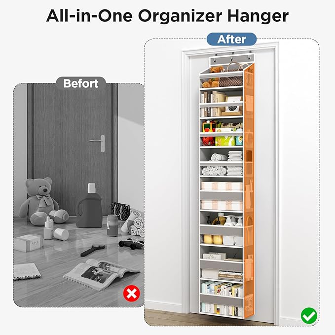 Mefirt Over The Door Organizer, 8 Shelf Door Hanging Organizers with 8 Large Capacity Pockets, Back of Door Organizer Storage Hanging Shelves for Closet Bathroom Bedroom Nursery